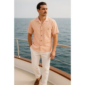 Island Shores Men Peach Plaid Shirt Size Small Coastal Vacation Lightweight
